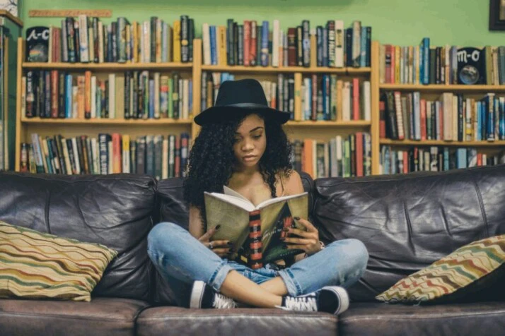 Woman reading comfortably and easily in a relaxed way