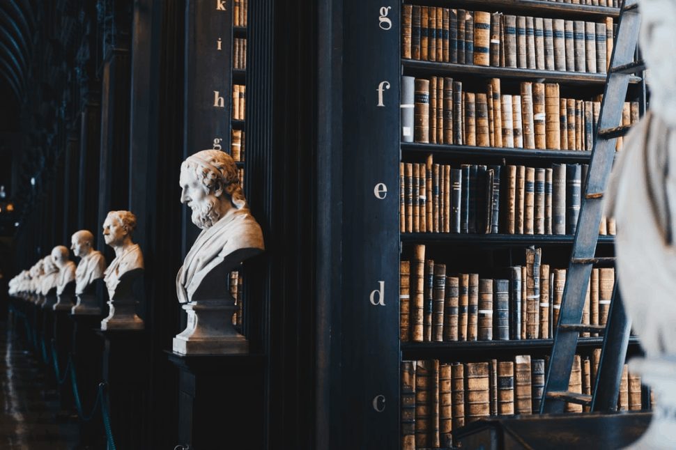 A book lot on a black wooden shelf with statues on pedestals