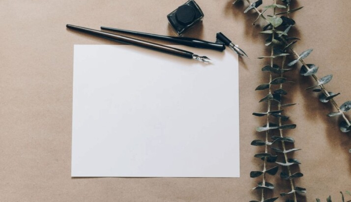 A white printer paper beside pens, ink box, and stems of leaves