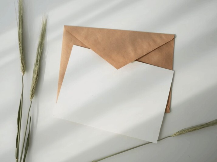 white paper and brown envelope on white background with shadow