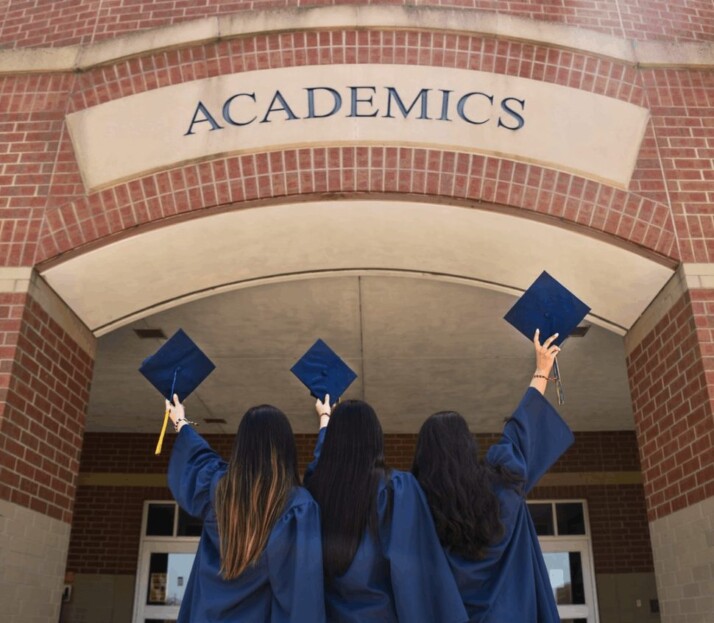 three female students ready to throw their cap off.