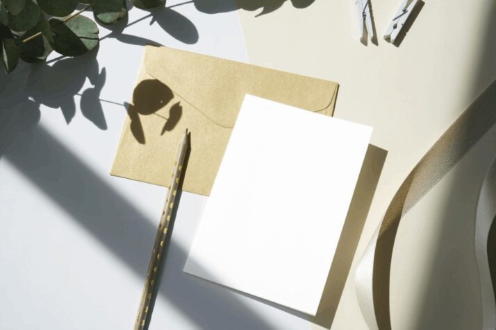 A white printer paper and brown envelope on a white table