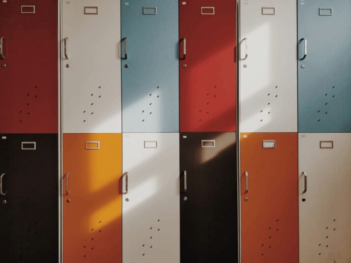 assorted-color lockers that you would find in an American high school.