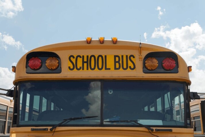 horizontal photograph of a front windshield of an American school bus.