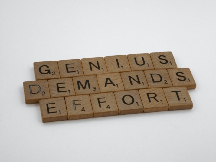 GENIUS DEMANDS EFFORT brown wooden scrabble blocks on a white table. 