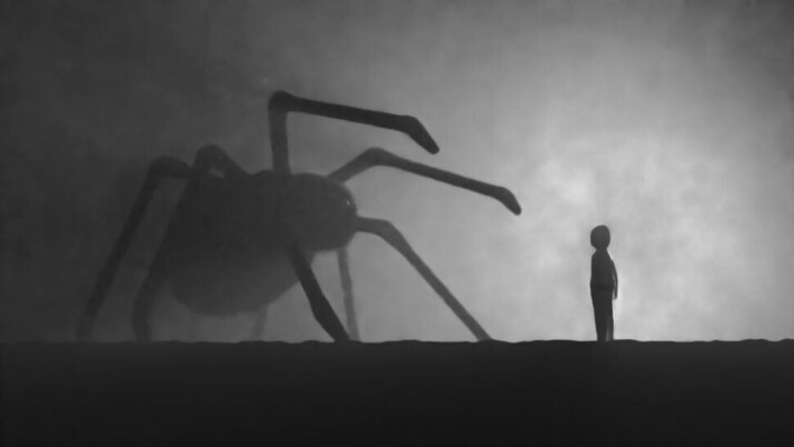 A large spider stalking the silhouette of a child.