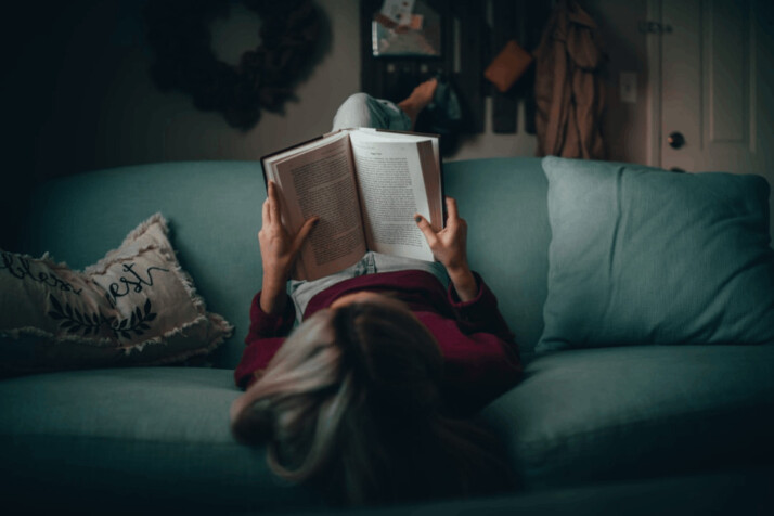woman in red jumper reading a book on a blue sofa.