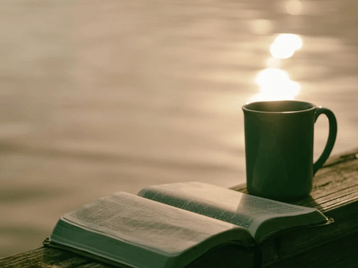 green ceramic mug and open book on surface near ocean