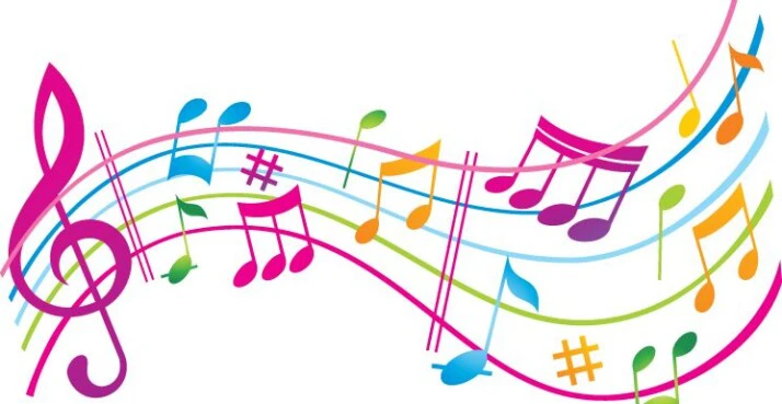 different colors of music notes scattered on white background