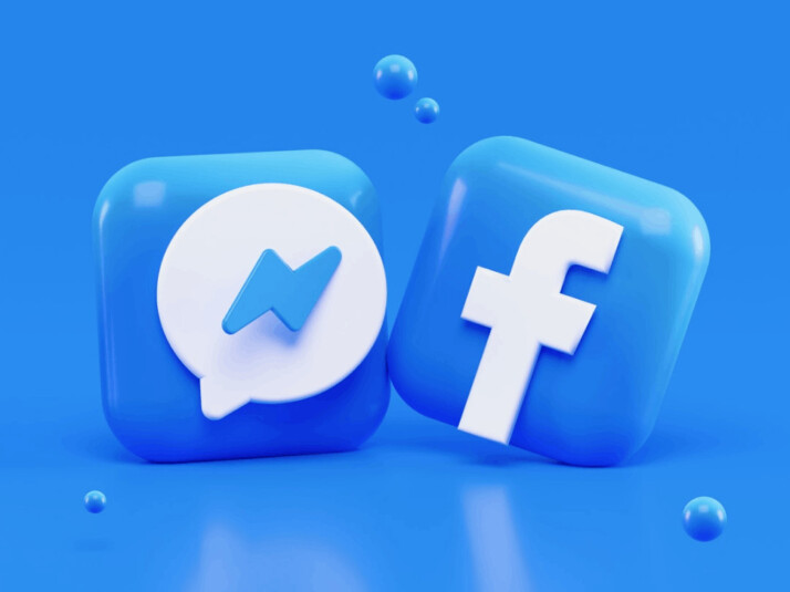 3D logos of Facebook and Messenger against a blue background.