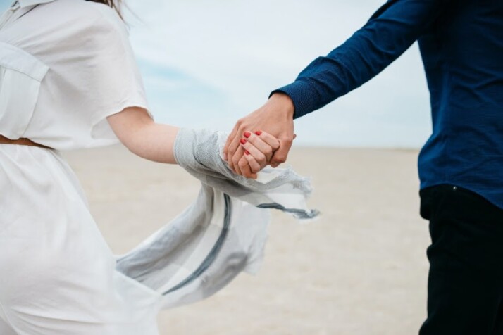 An image of a couple holding hands on the sand