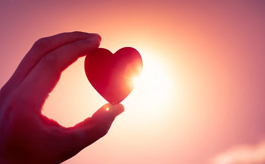 reflective photography of hand holding heart image against sun 