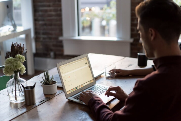 A guy working on something on his laptop with some small plants on the table.