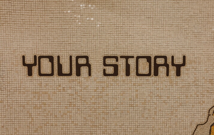 YOUR STORY text in brown color over a pixelated background.