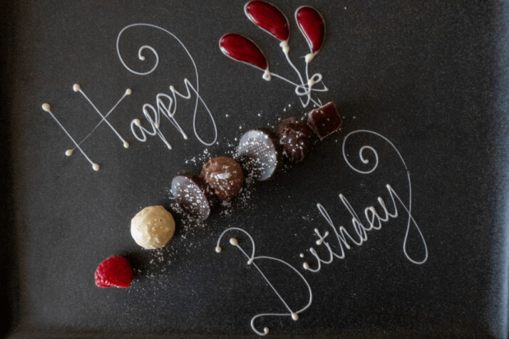 A happy birthday sign written on a black background