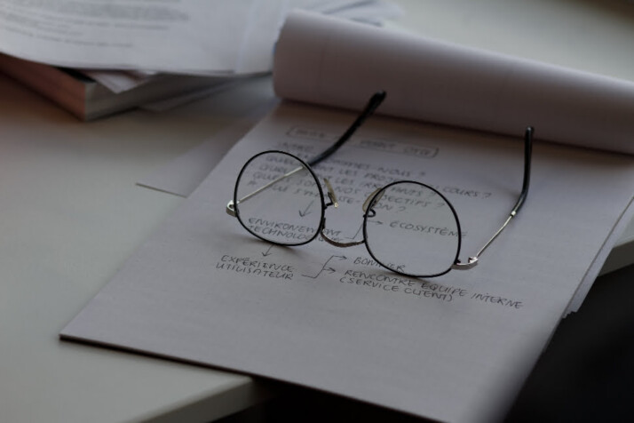 A pair of reading glasses placed on top of a piece of document.