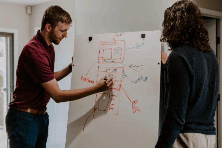 man wearing red skirt and jean trousers drawing on dry-erase board