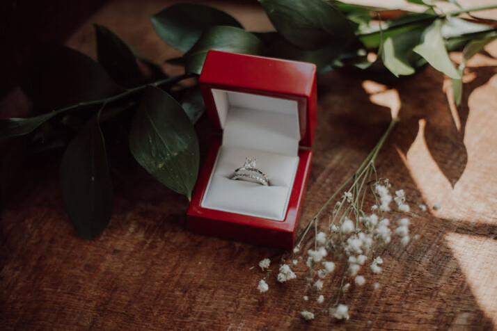 A beautiful engagement ring placed inside a red box.