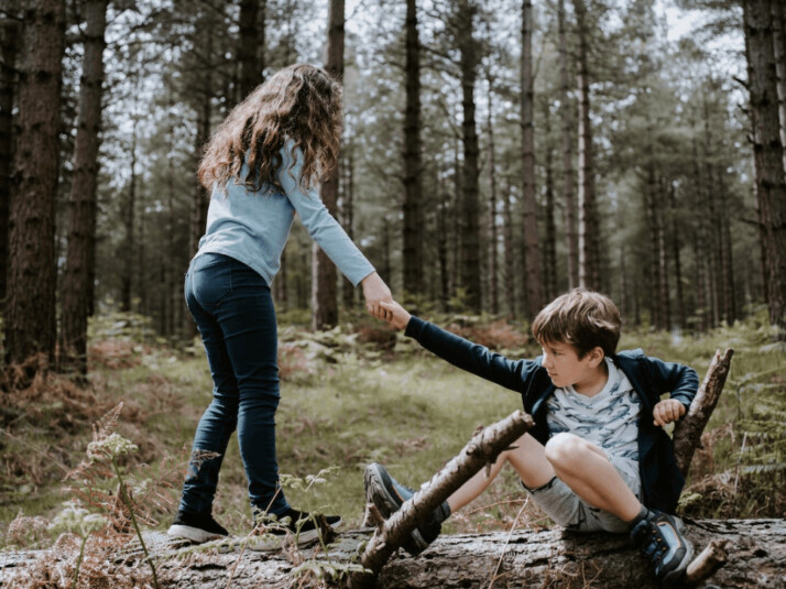 A boy and girl playing on three tree log