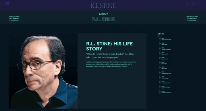 An image of author R.L. Stine website's landing page