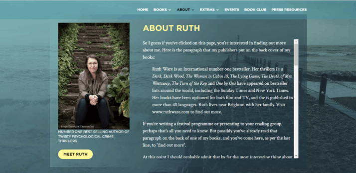 An image of author Ruth Ware website's landing page