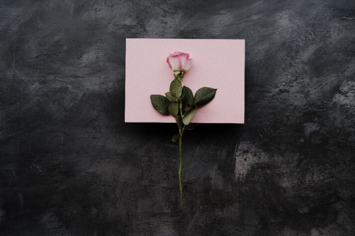 A pink thank you note with a pink rose placed on top of it.