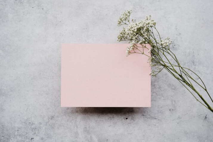 A blank pink love note with a stem of baby's breath next to it.