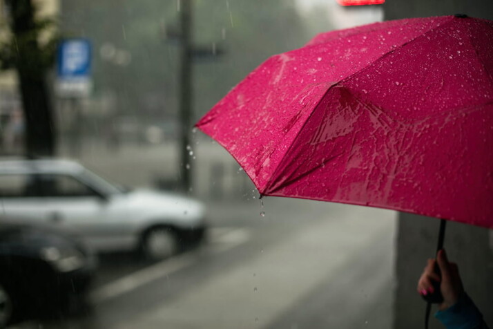 A person holding a pink umbrella under the pouring rain.