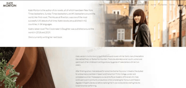 An image of author Kate Morton website's landing page