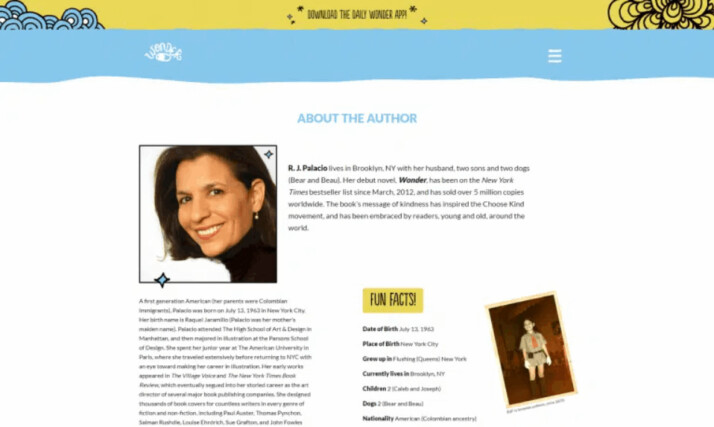 An image of author R.J. Palacio website's landing page
