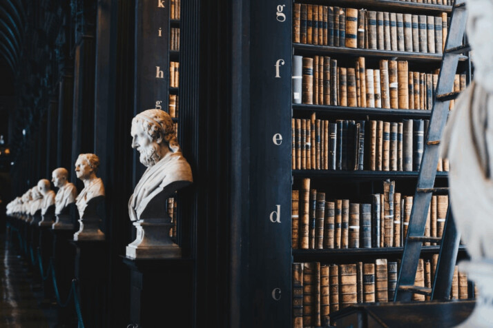 A book lot on black wooden shelf and some statues.