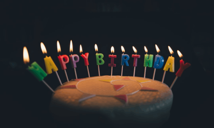 round fondant cake with many candles spelling happy birthday 