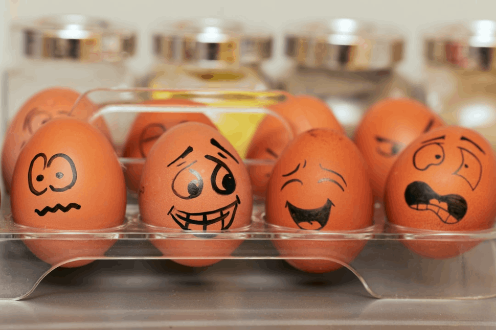 brown eggs with faces drawn on them laughing at something.