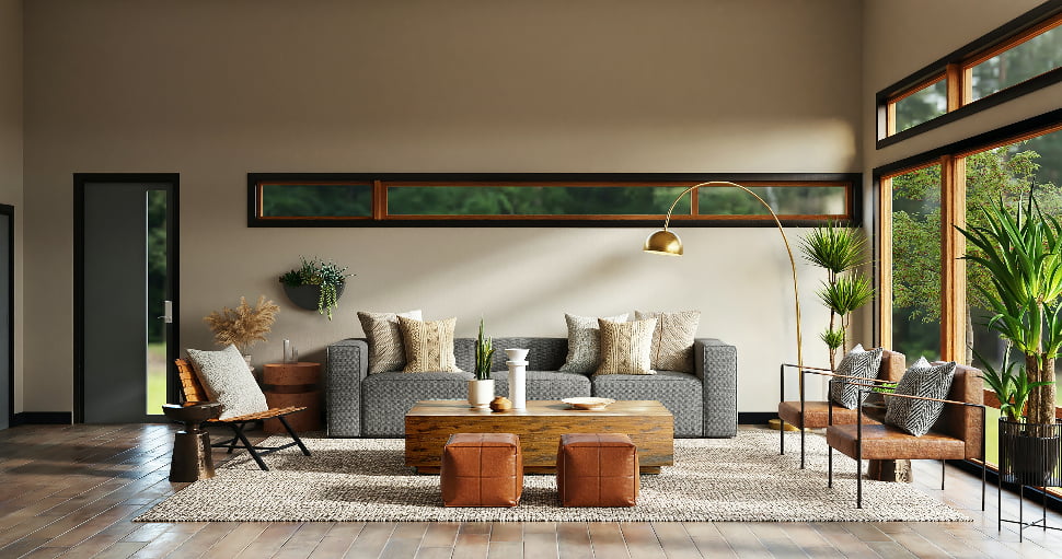 A beautiful and cozy living room set-up with brown and grey hues.