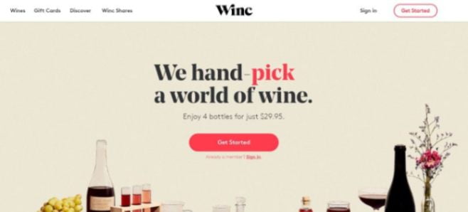 A simple yet alluring image of Winc Website Landing Page
