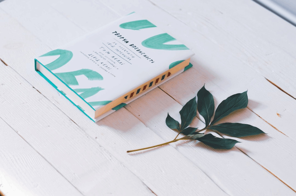 a closed white book beside a green leaf plant