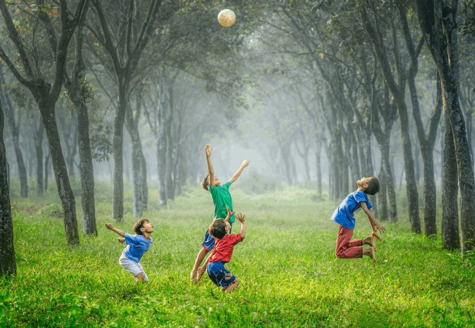 four boy playing ball on green grass and trees 