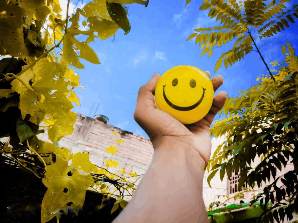 a yellow smiley face ball held towards the blue sky and trees