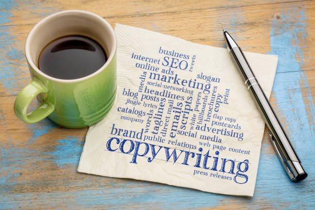 copywriting text on paper near cup of coffee and pen