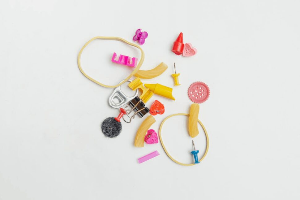 A collection of random items: paperclips, pins, rubber bands, etc.