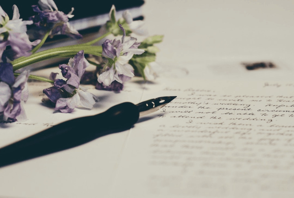 purple flowers and a pen placed on a paper