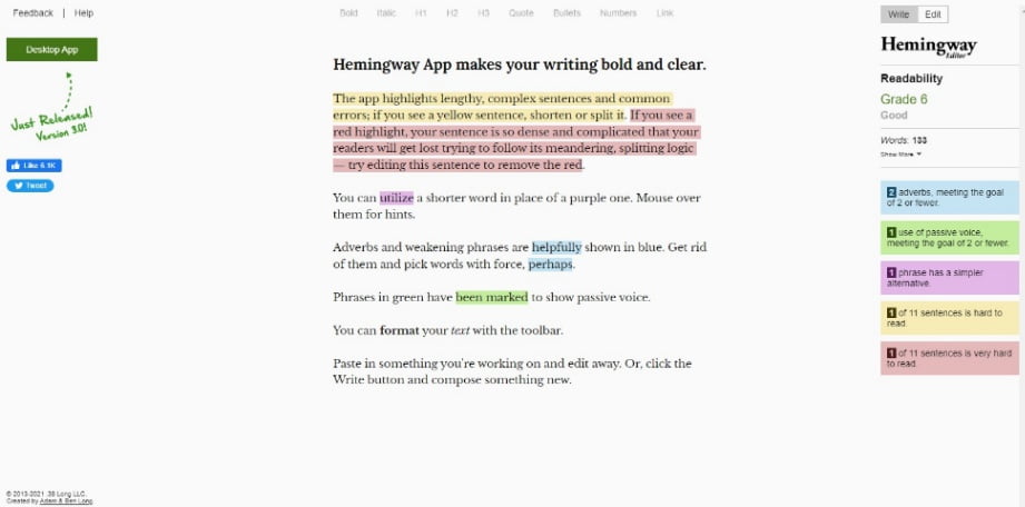 Hemingway Editor homepage screenshot
