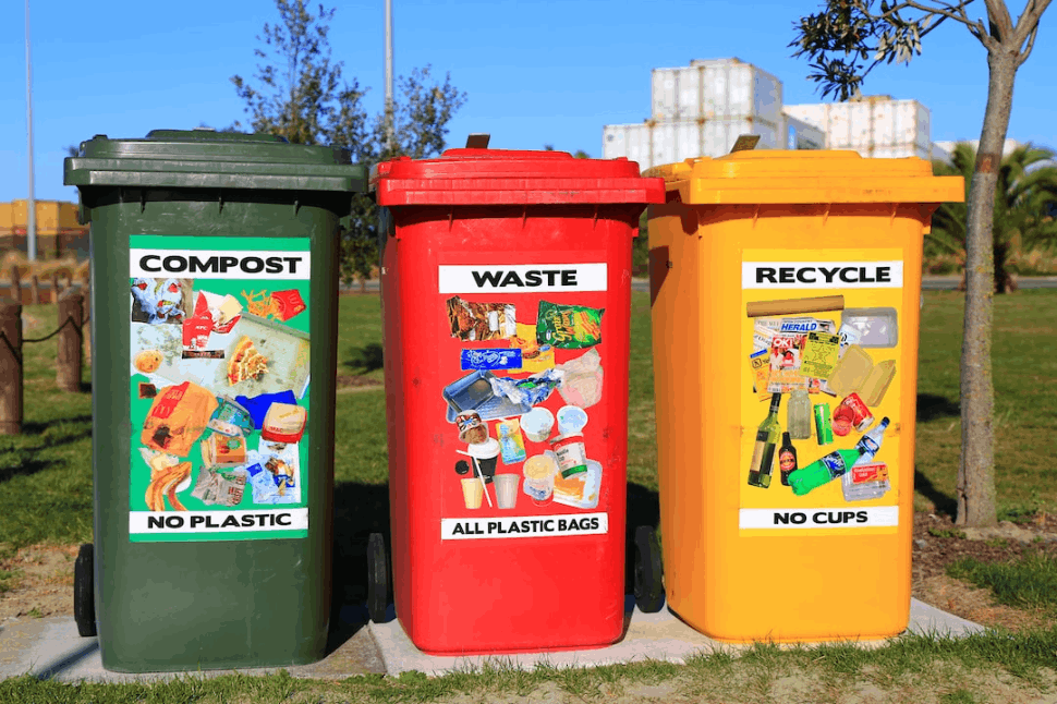 red yellow and green trash bins for recycling, waste and compost.