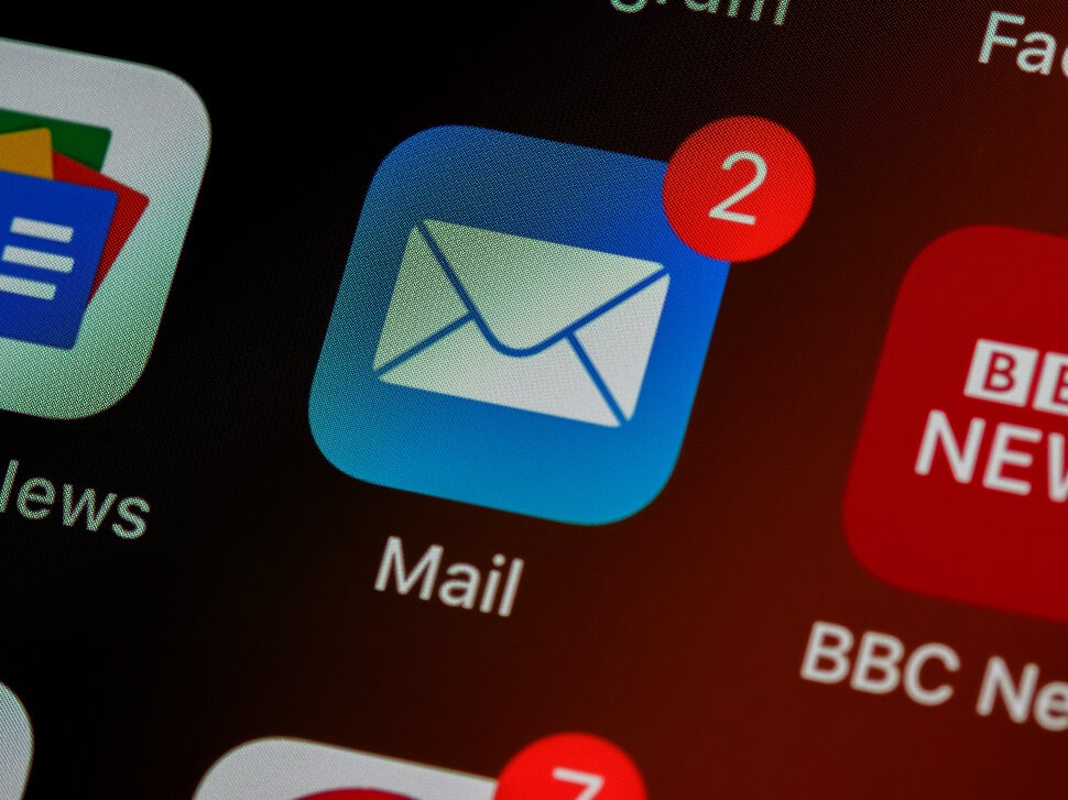 The Mail application icon with two notifications displayed on a phone screen.