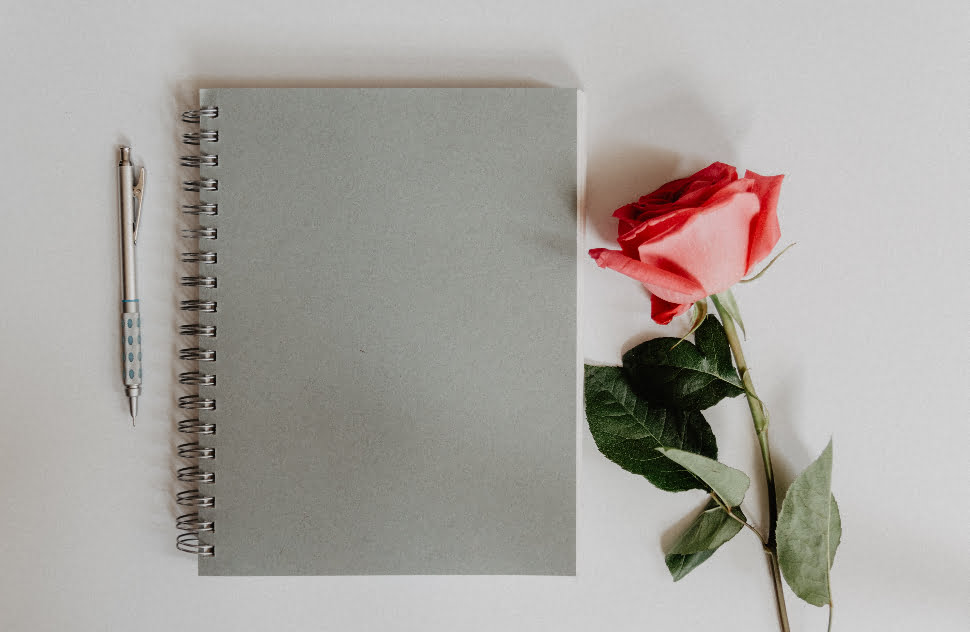 A grey notebook with a pink rose right next to it.