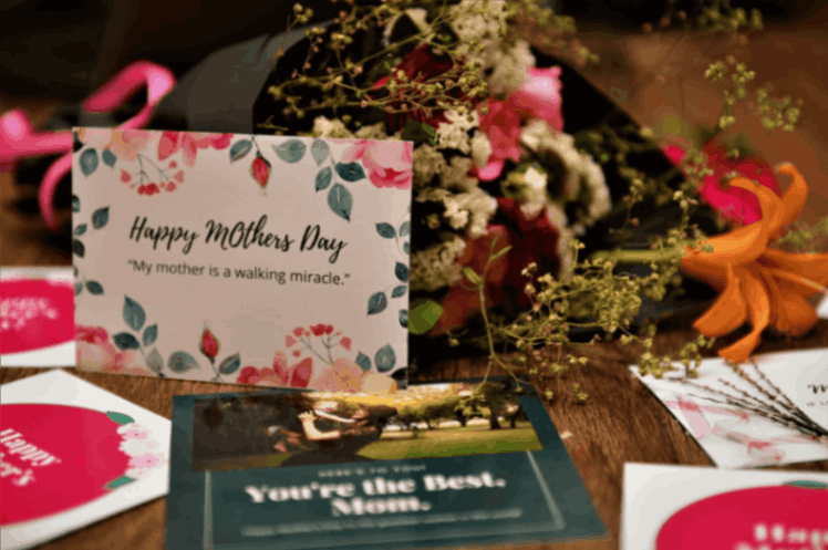 happy mother's day greeting card on brown wooden table