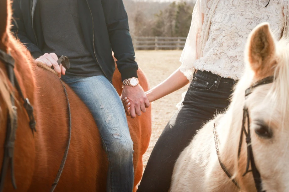 A couple holding hands while riding on top of horses.
