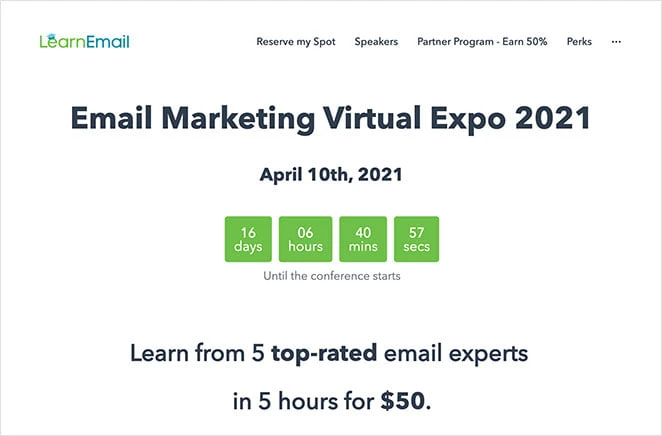 Email marketing event landing page
