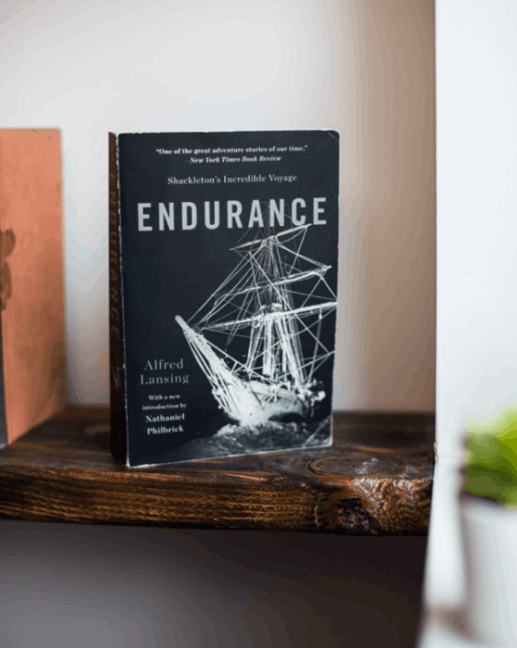 Endurance book with black cover on brown carved wood