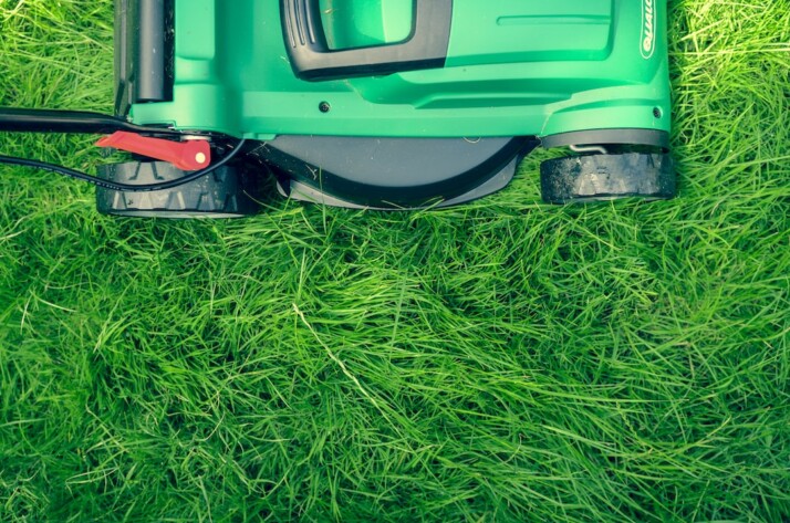 A green lawnmower cutting through the green grass.